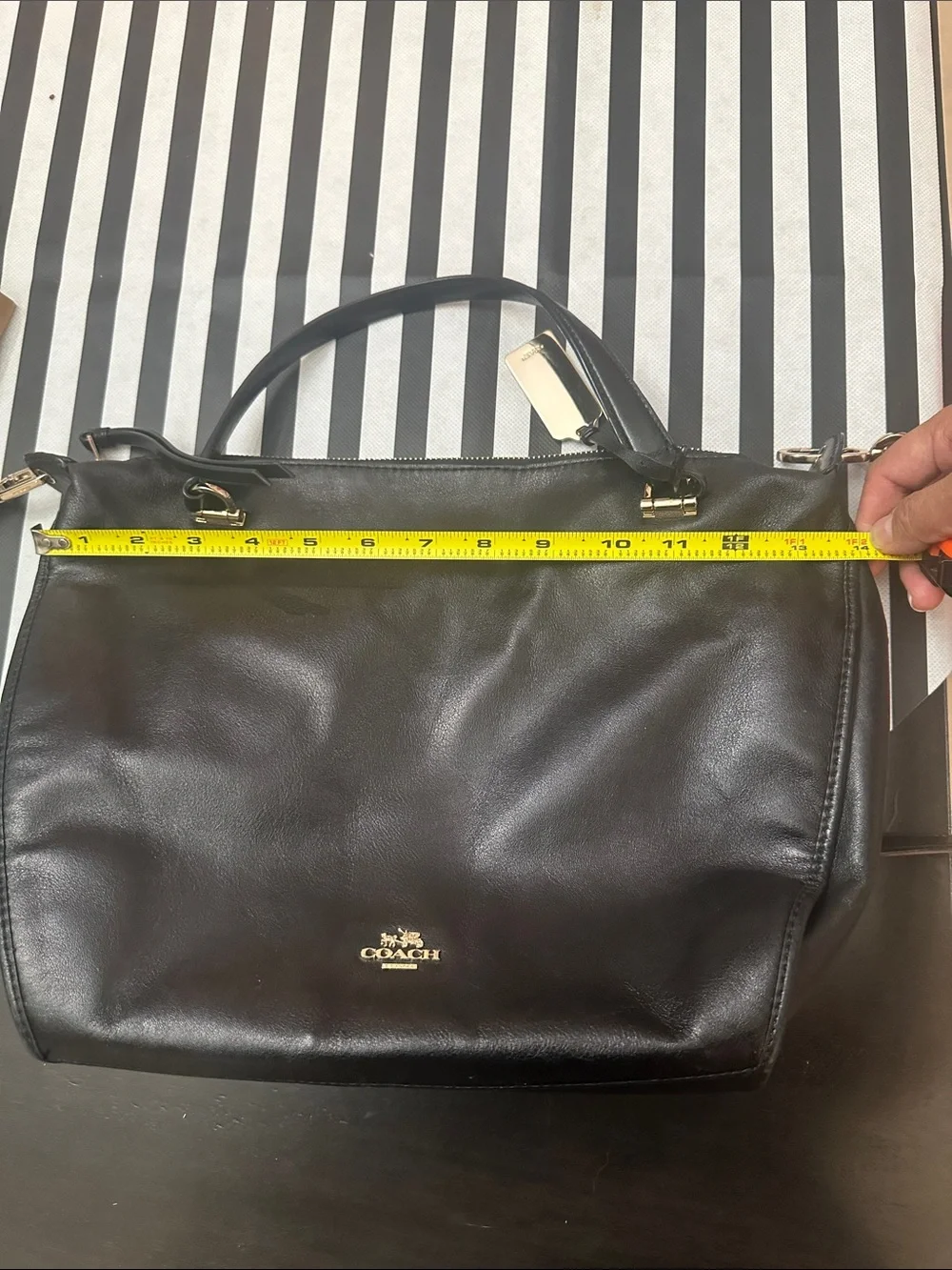Chic Coach Black Leather Crossbody Satchel with Gold Hardware